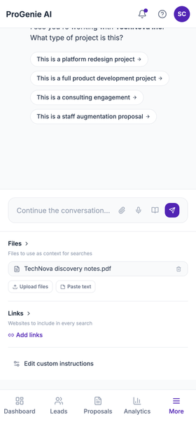 GetPosals ProGenie chat rendered at 390px mobile width, empty-state greeting.