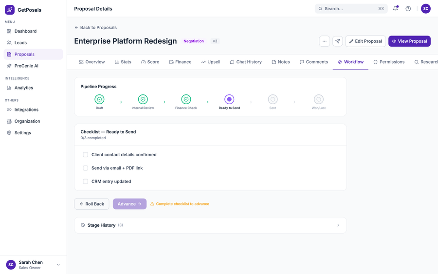 GetPosals proposal workspace, Workflow Automation tab, showing the automation rule set applied to this proposal.